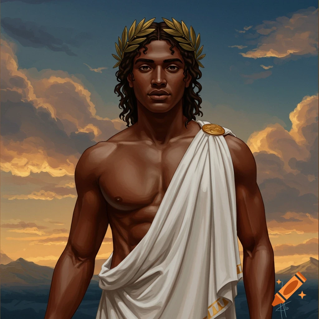 A muscular dark-skinned man in a white toga and laurel wreath stands against a cloudy sky.