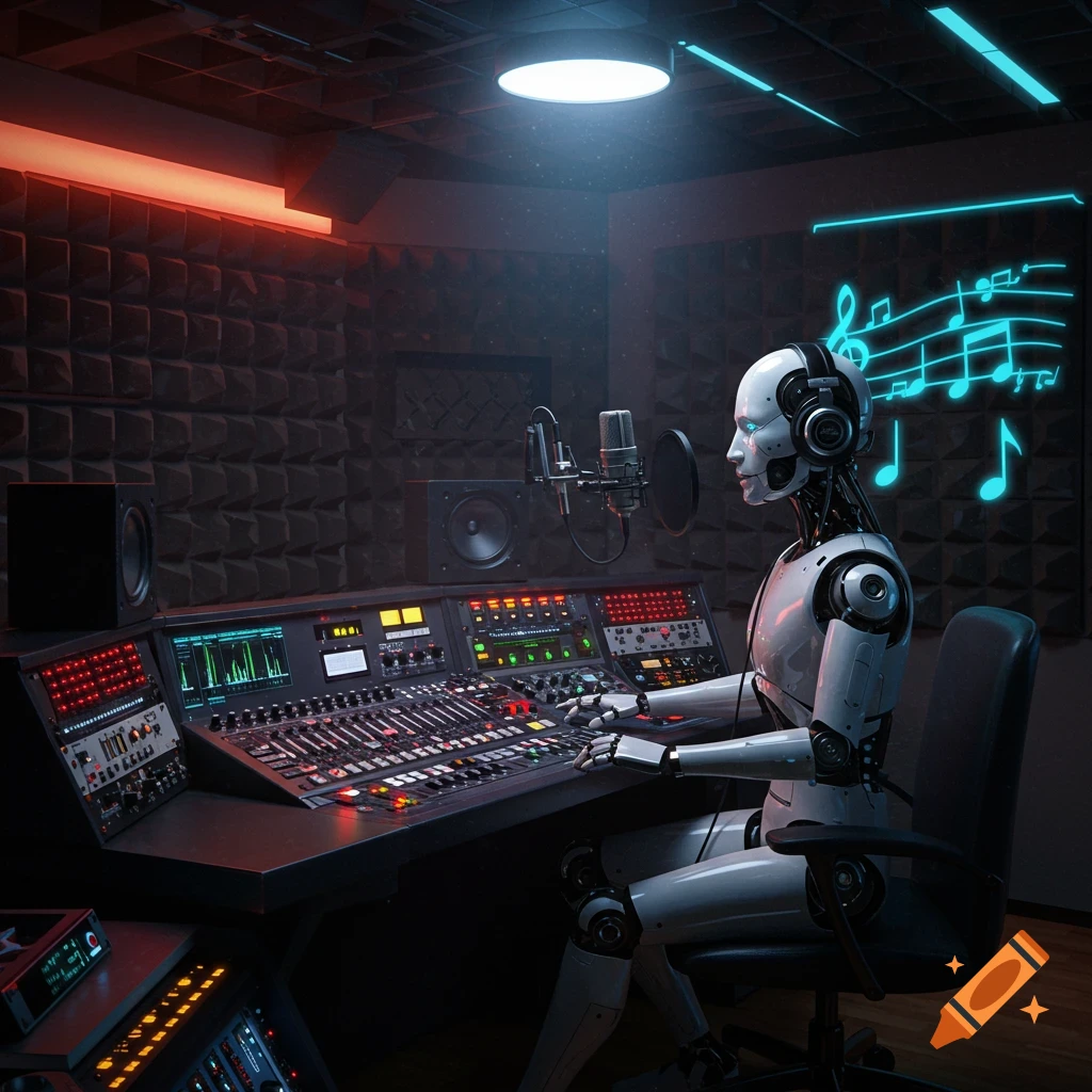 A white robot sits at a large audio mixing console in a futuristic recording studio with glowing musical notes on the wall.