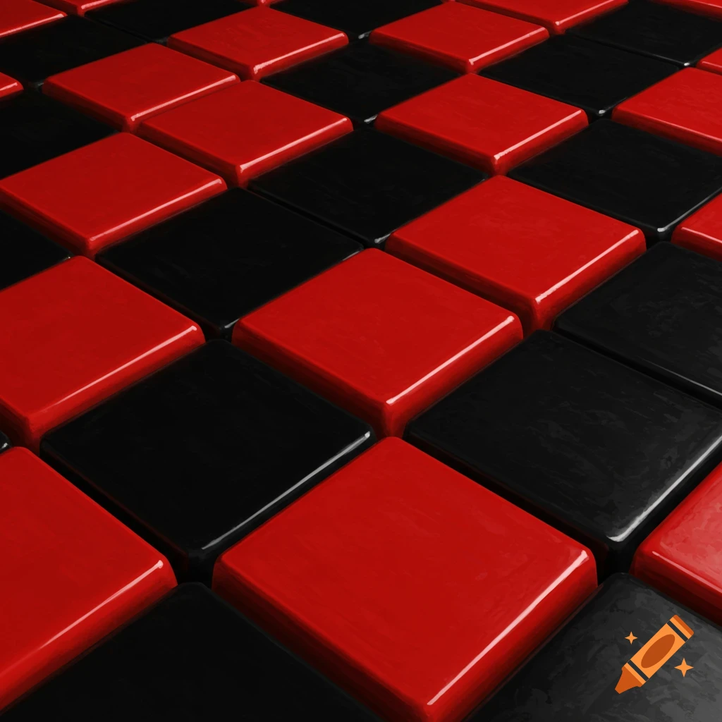 A low-angle view of a checkerboard pattern with shiny red and black raised squares.
