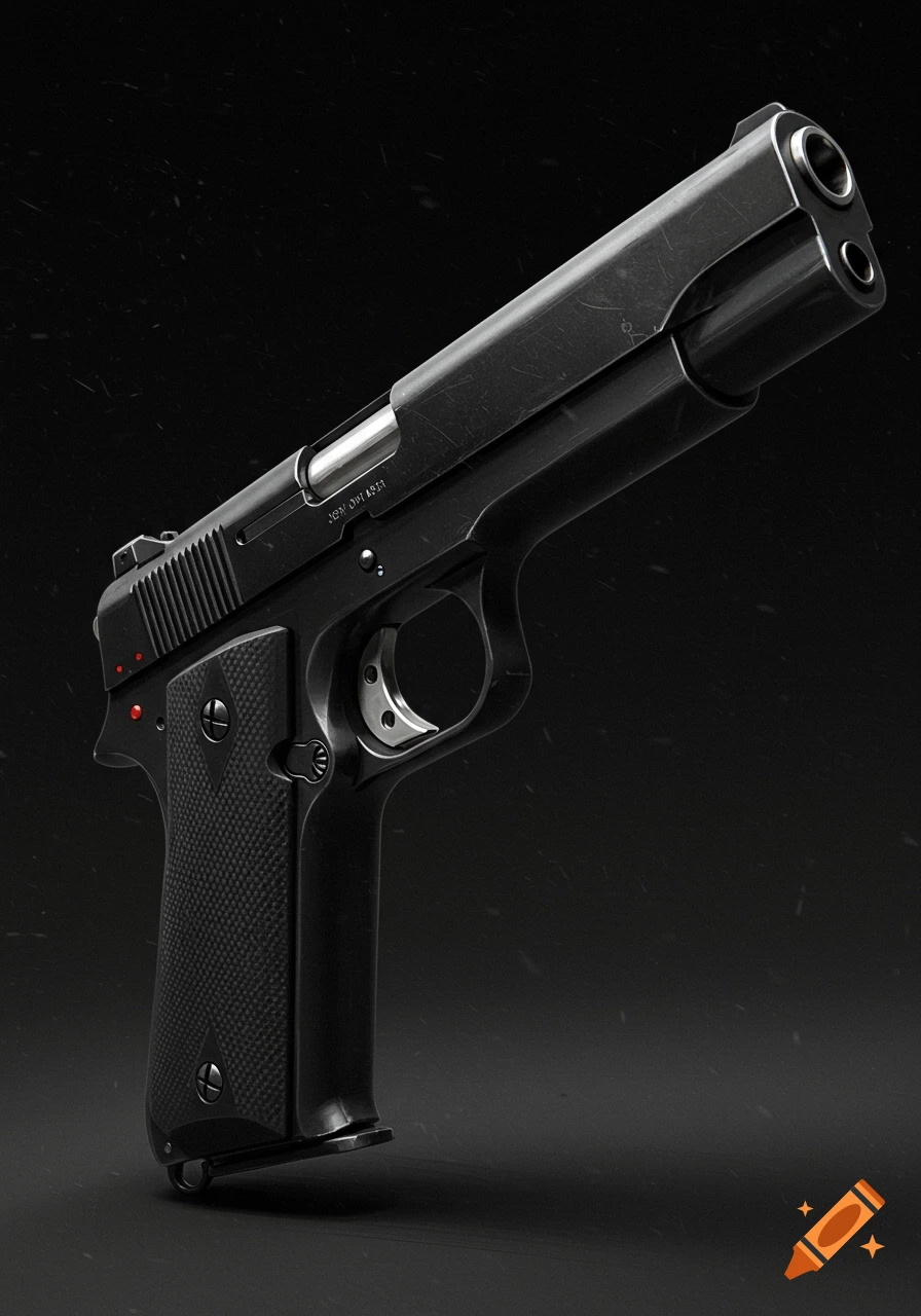 A detailed view of a black handgun on a dark background.