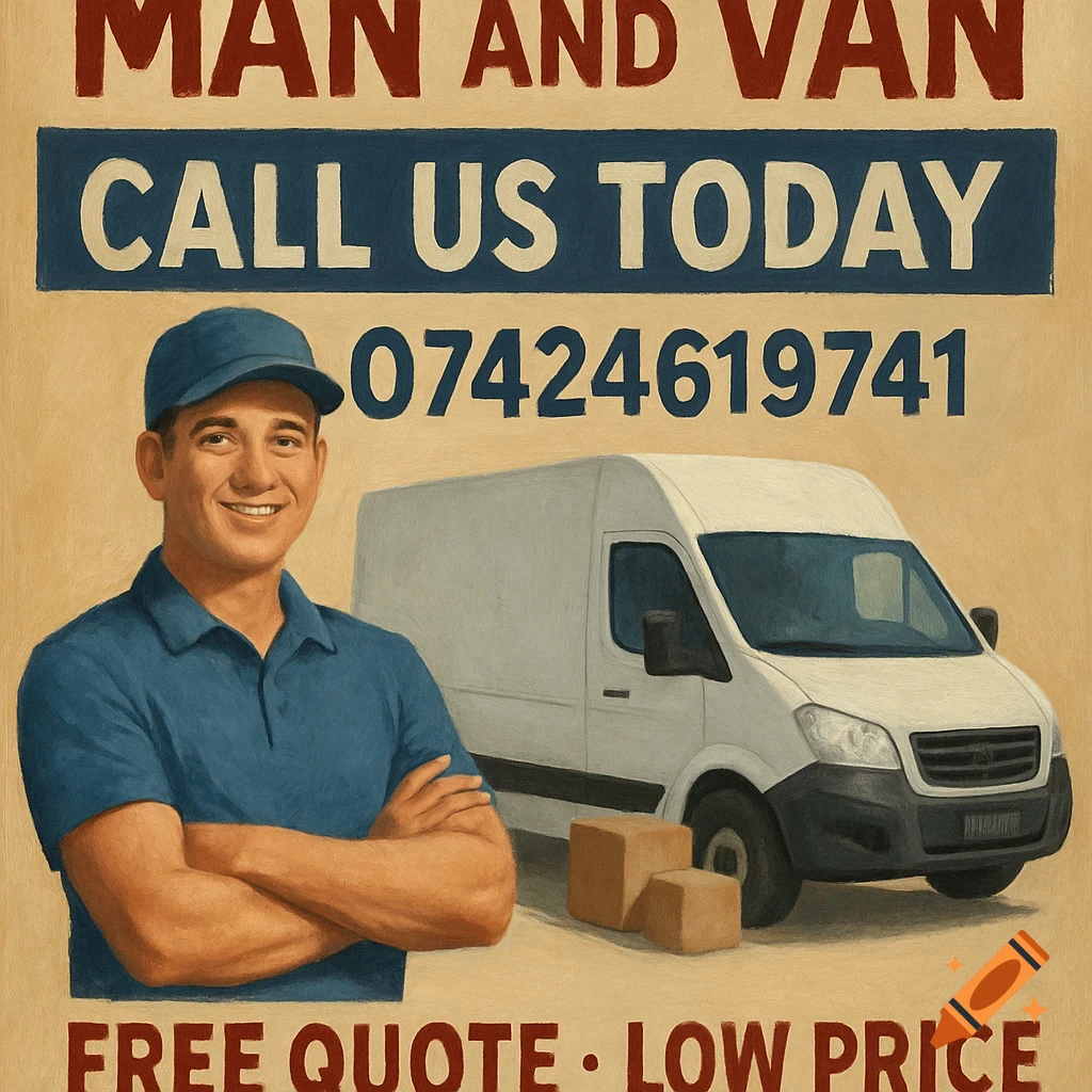 Poster for a man and van service with a man, van, and phone number.
