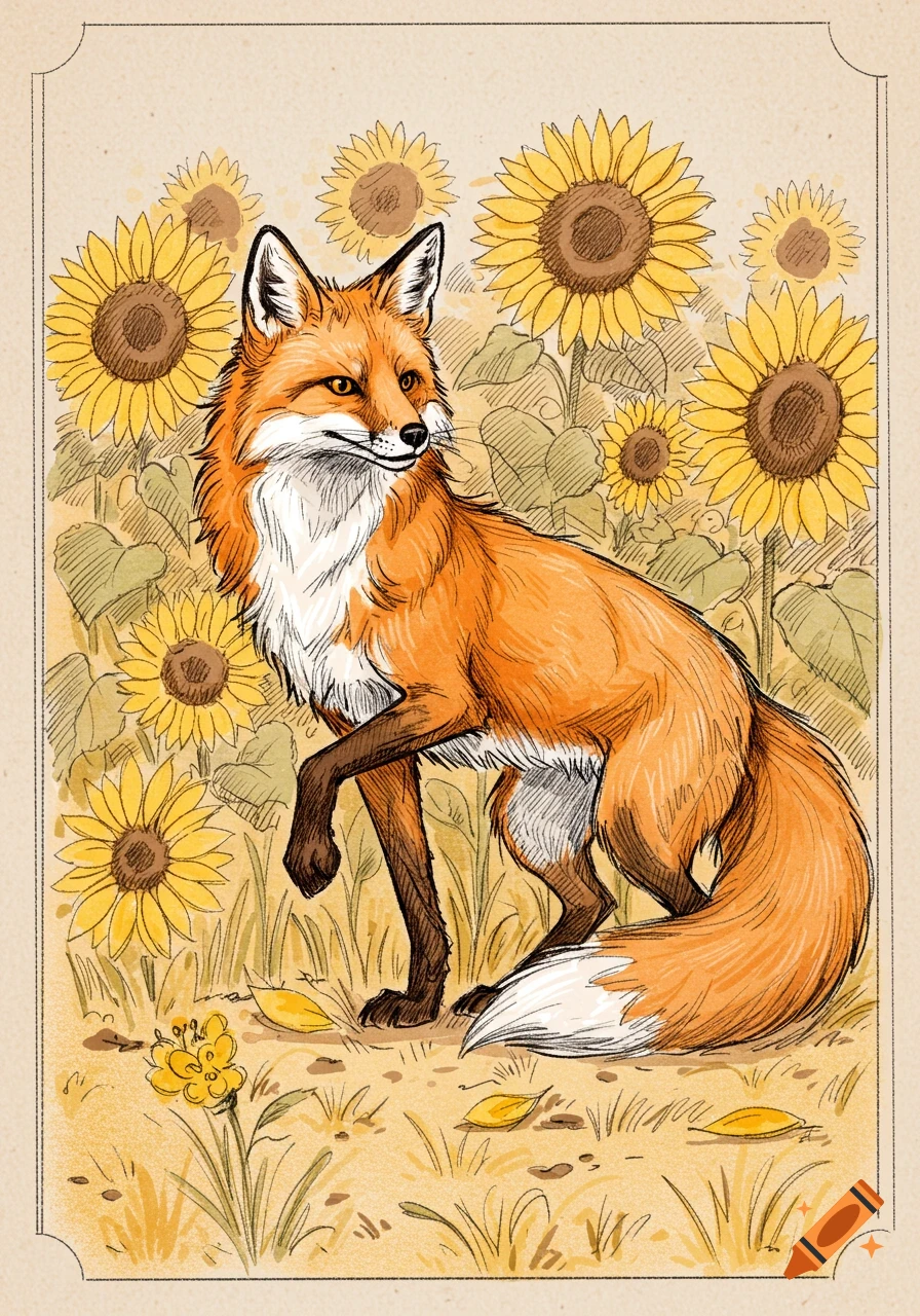 A drawing of a fox standing among sunflowers.