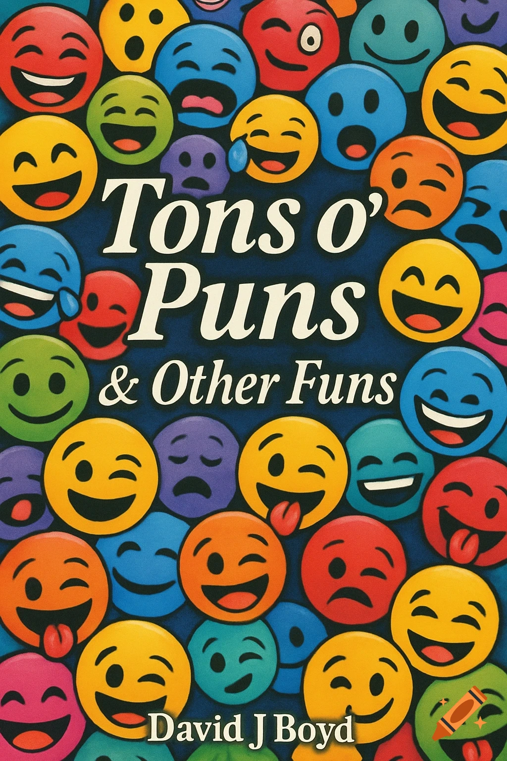 A book cover titled "Tons o' Puns & Other Funs" with a background of colorful cartoon emojis.