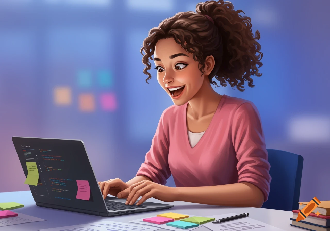 An excited woman in an illustration types code on a laptop.