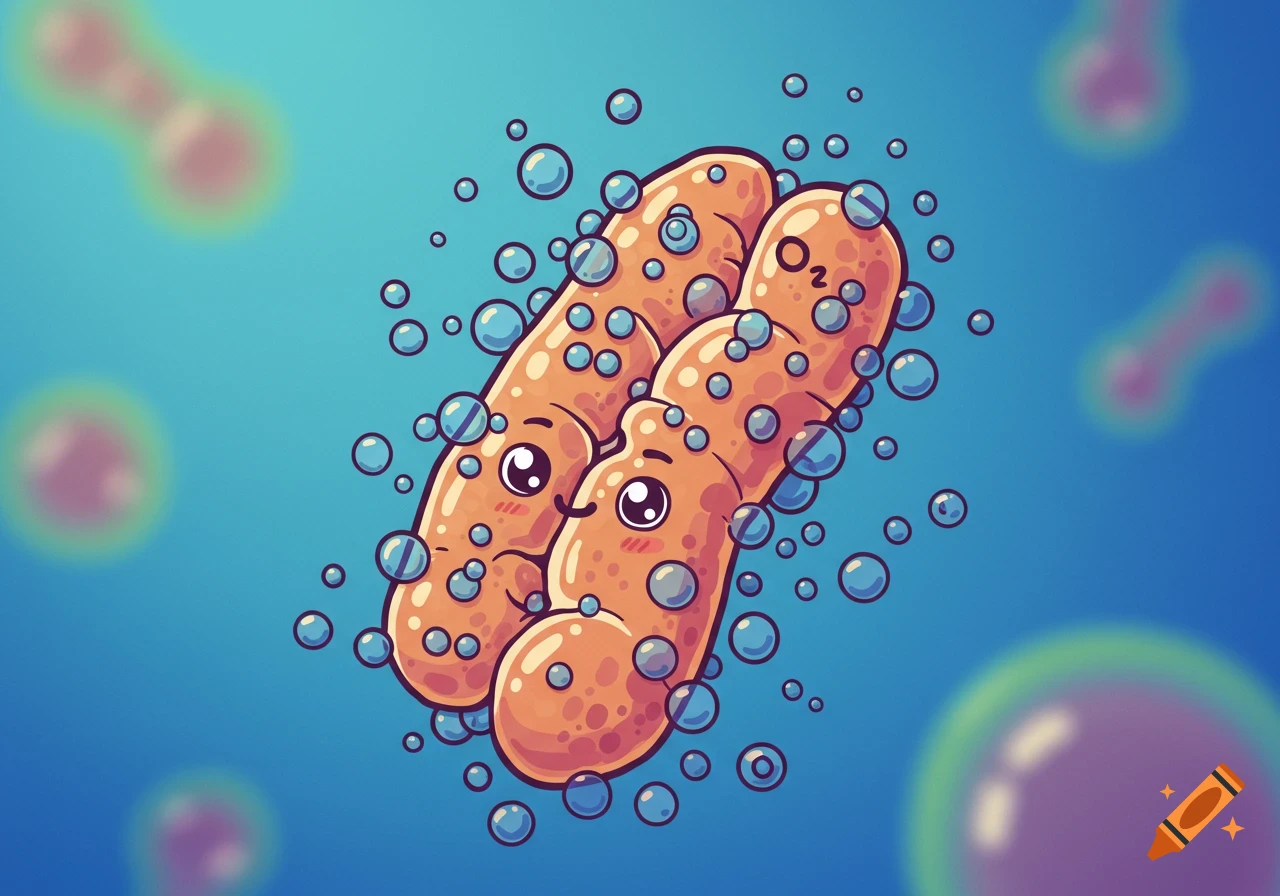 Cartoon illustration of two friendly microbes floating among bubbles on a blue background