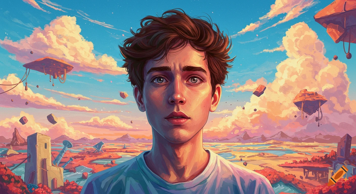 Portrait of a young man with a surreal landscape background featuring floating islands and orange clouds in an anime style.