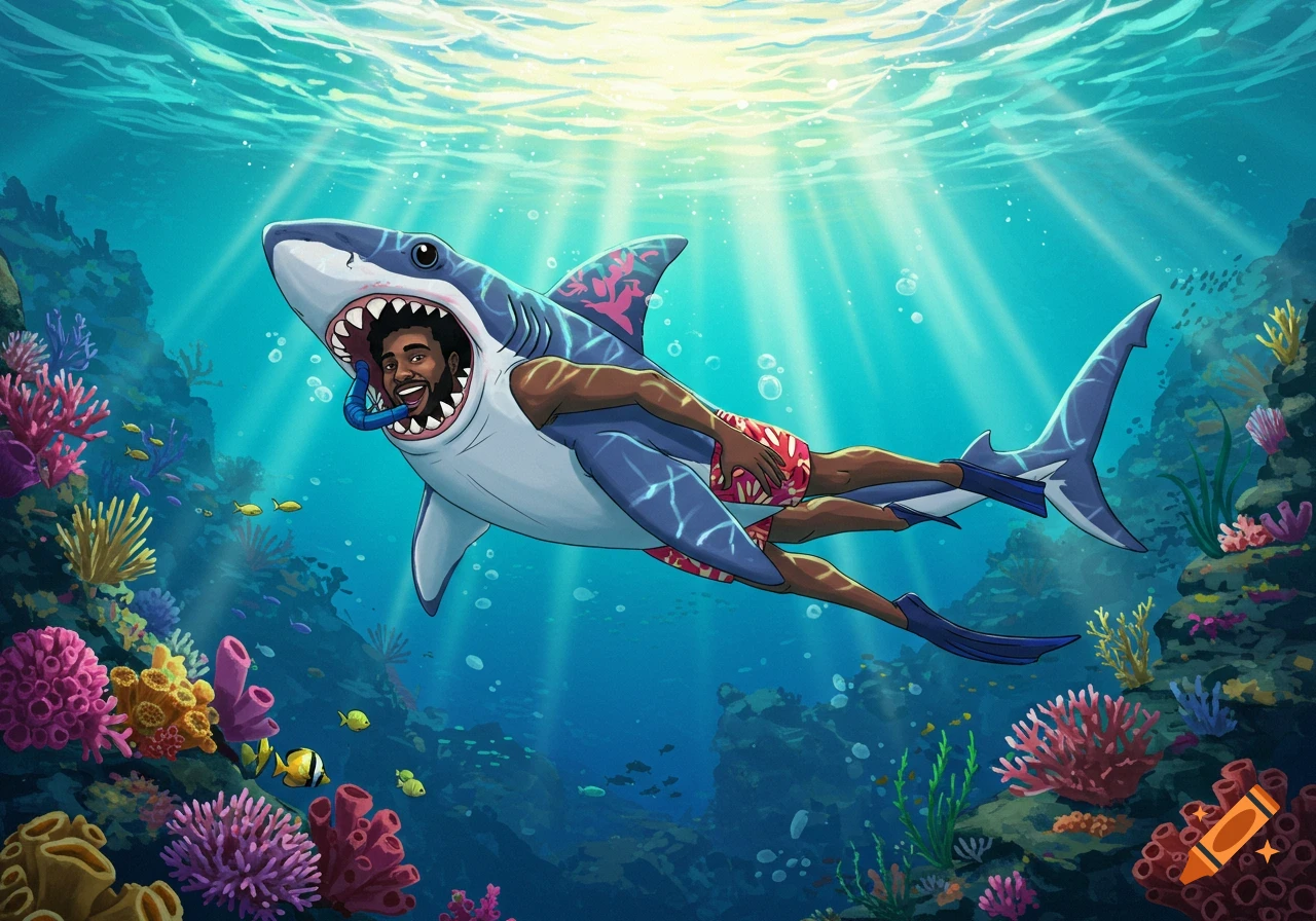 Illustration of a man in a shark costume swimming underwater near a coral reef.