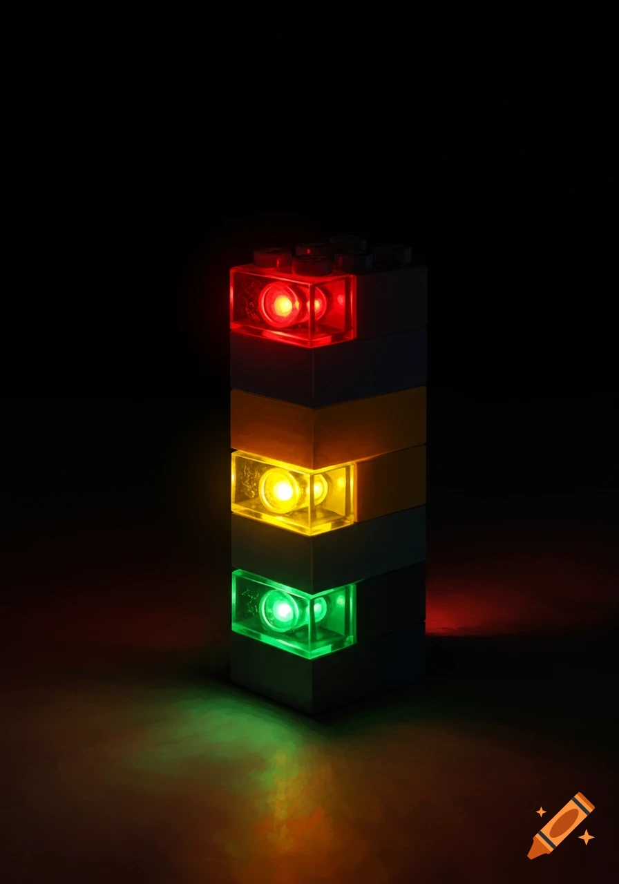 A vertical stack of LEGO bricks with glowing red, yellow, and green lights in a dark room.