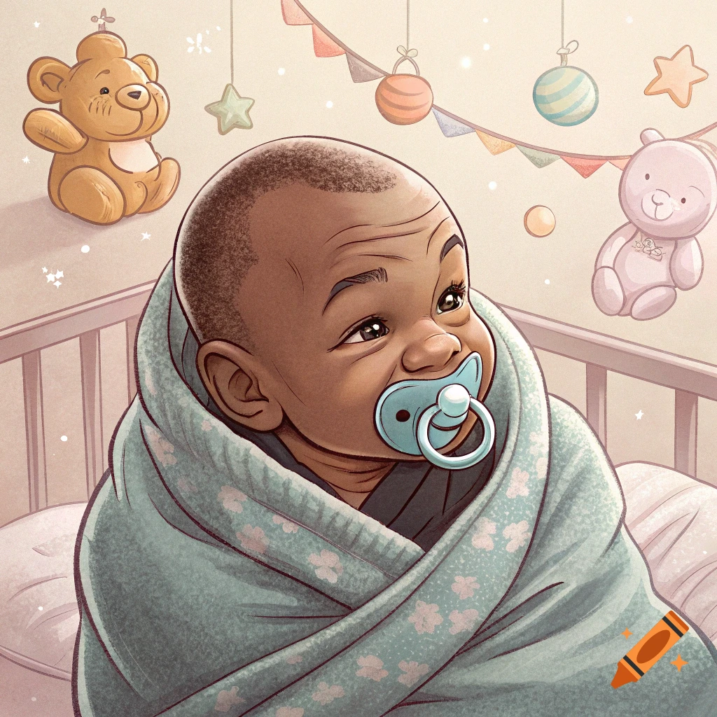 Illustration of a baby wrapped in a blanket in a crib with teddy bears and nursery decorations.