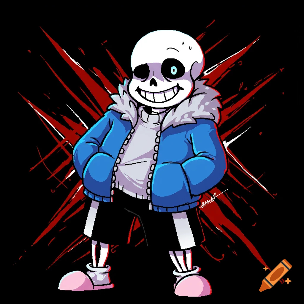 Pixel art illustration of Sans from Undertale standing against a red and black background.