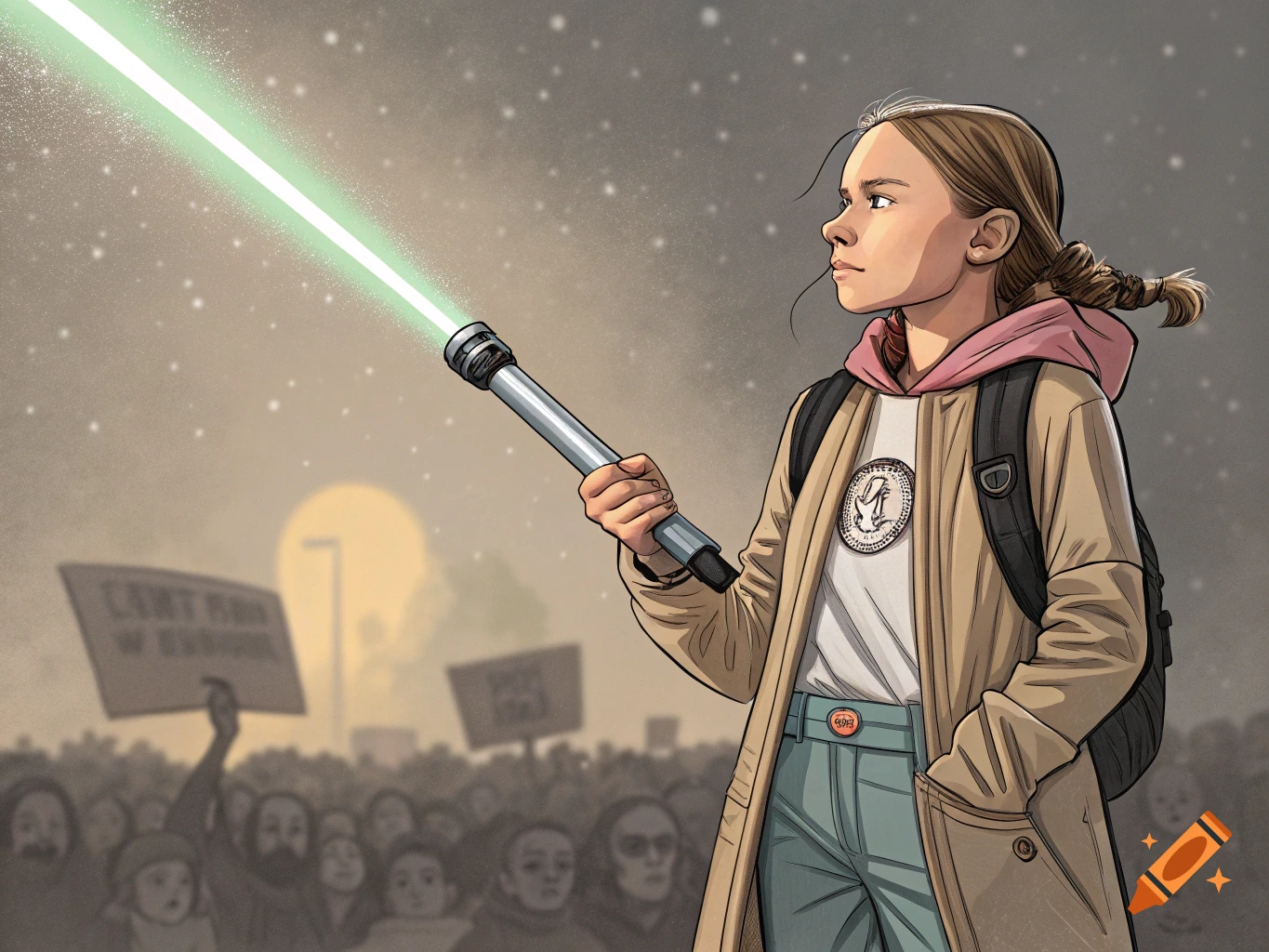 Illustration of Greta Thunberg holding a lightsaber against a crowd backdrop.