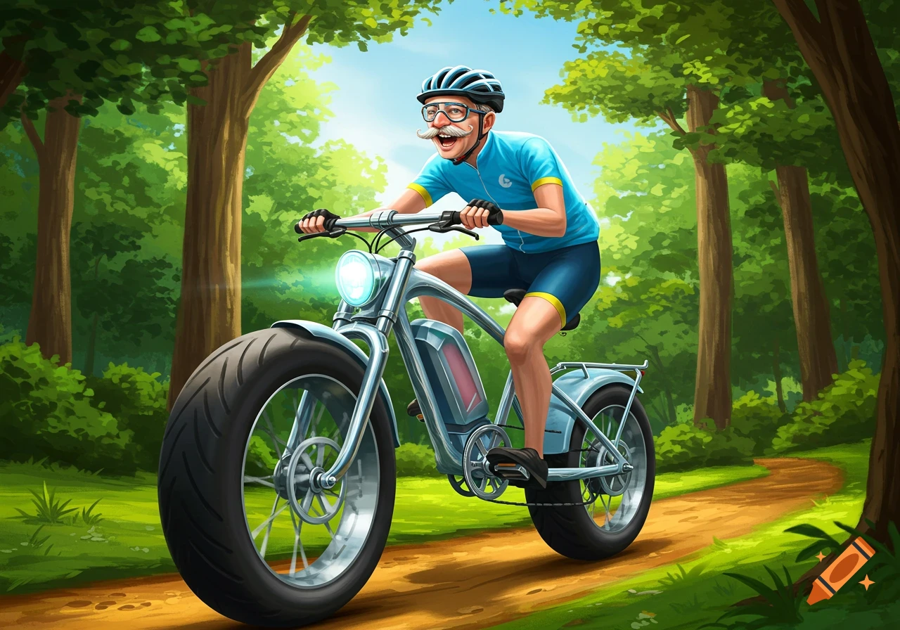 Illustration of a man with a mustache riding a giant electric bike on a forest trail.