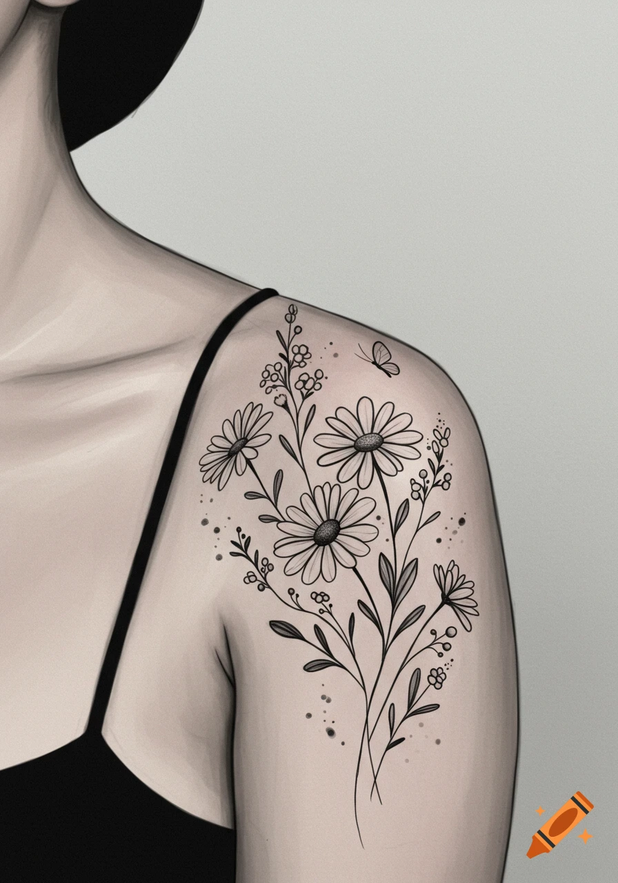 A minimalist black line drawing of a flower and butterfly tattoo on a person's shoulder.