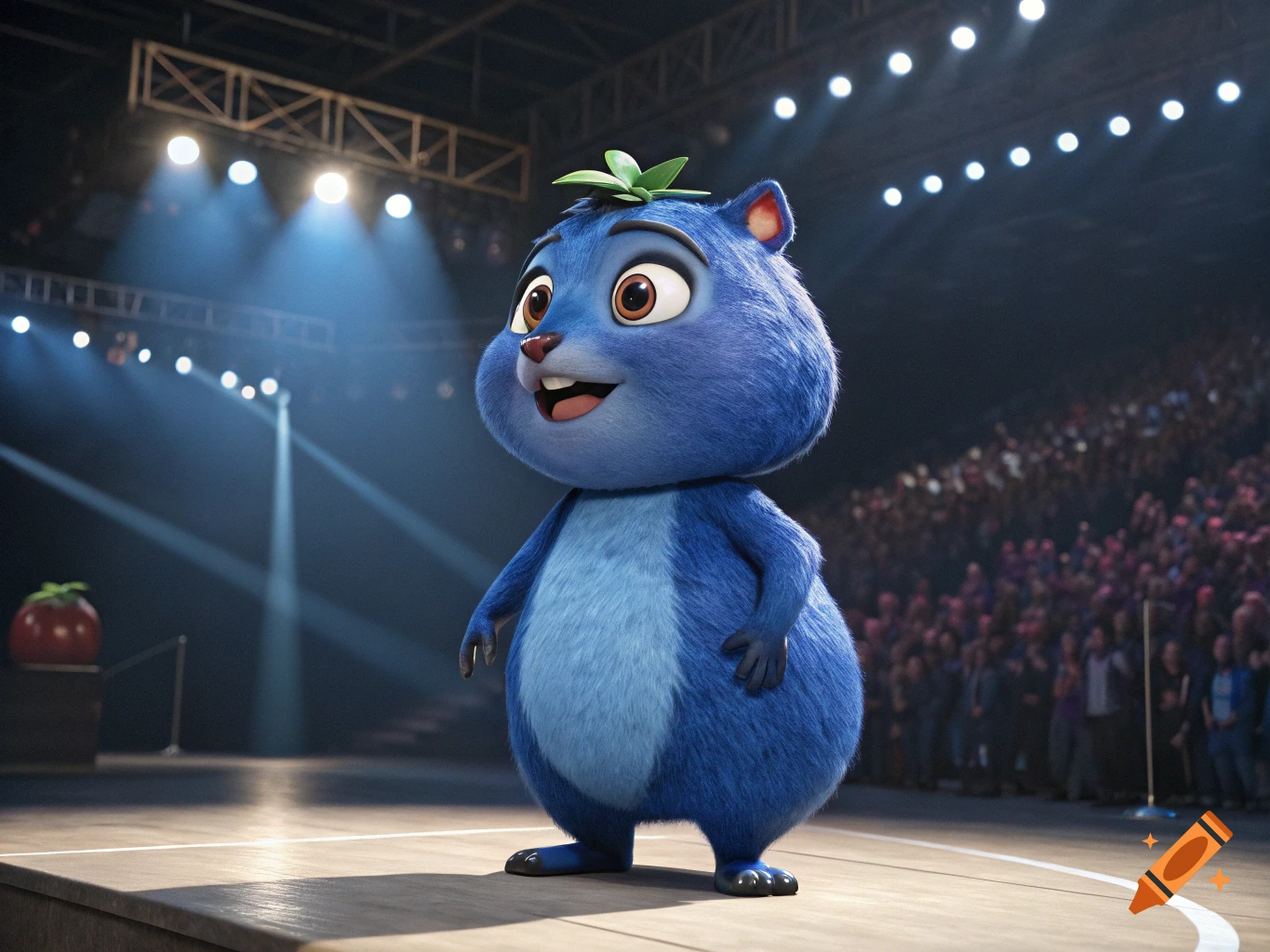 A blue furry cartoon character stands on a stage under bright lights with an audience watching.