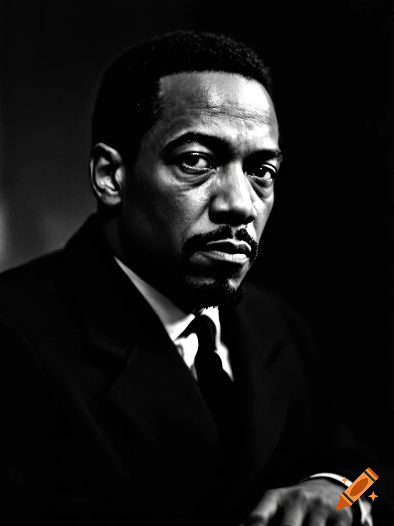 Black and white photorealistic portrait of a serious man in a suit