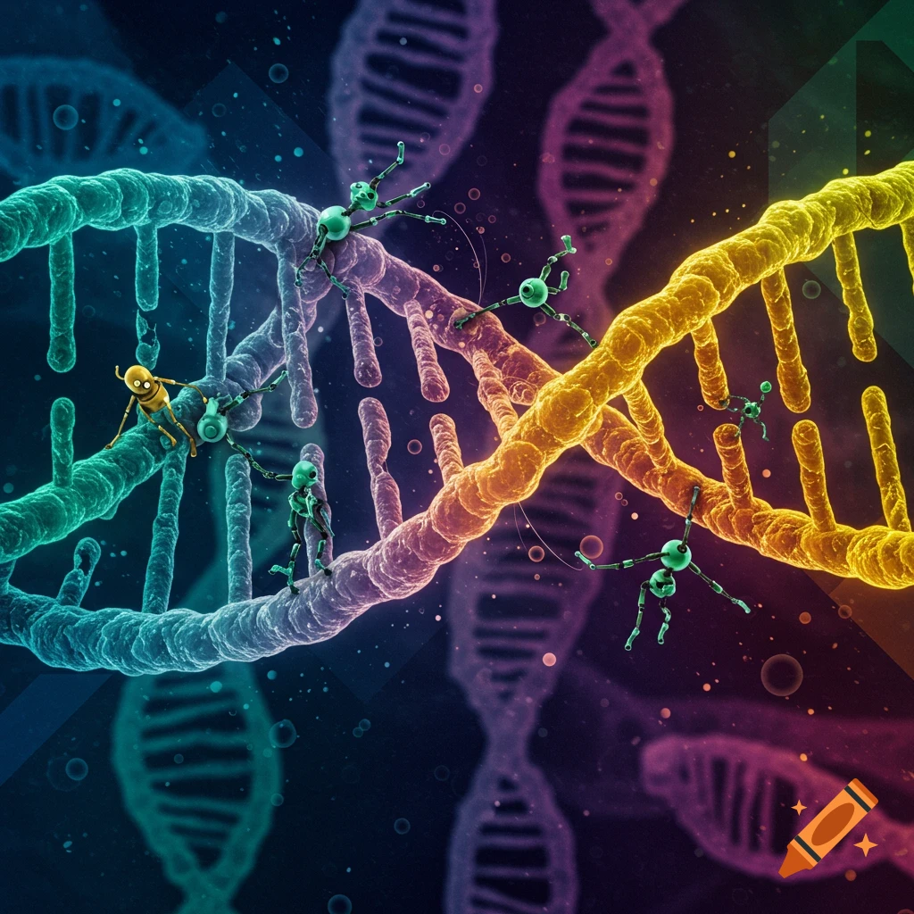 Robotic figures crawl on colorful DNA strands
