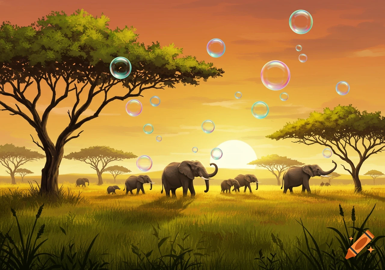 Illustration of elephants walking through a sunny safari landscape with bubbles floating around them.