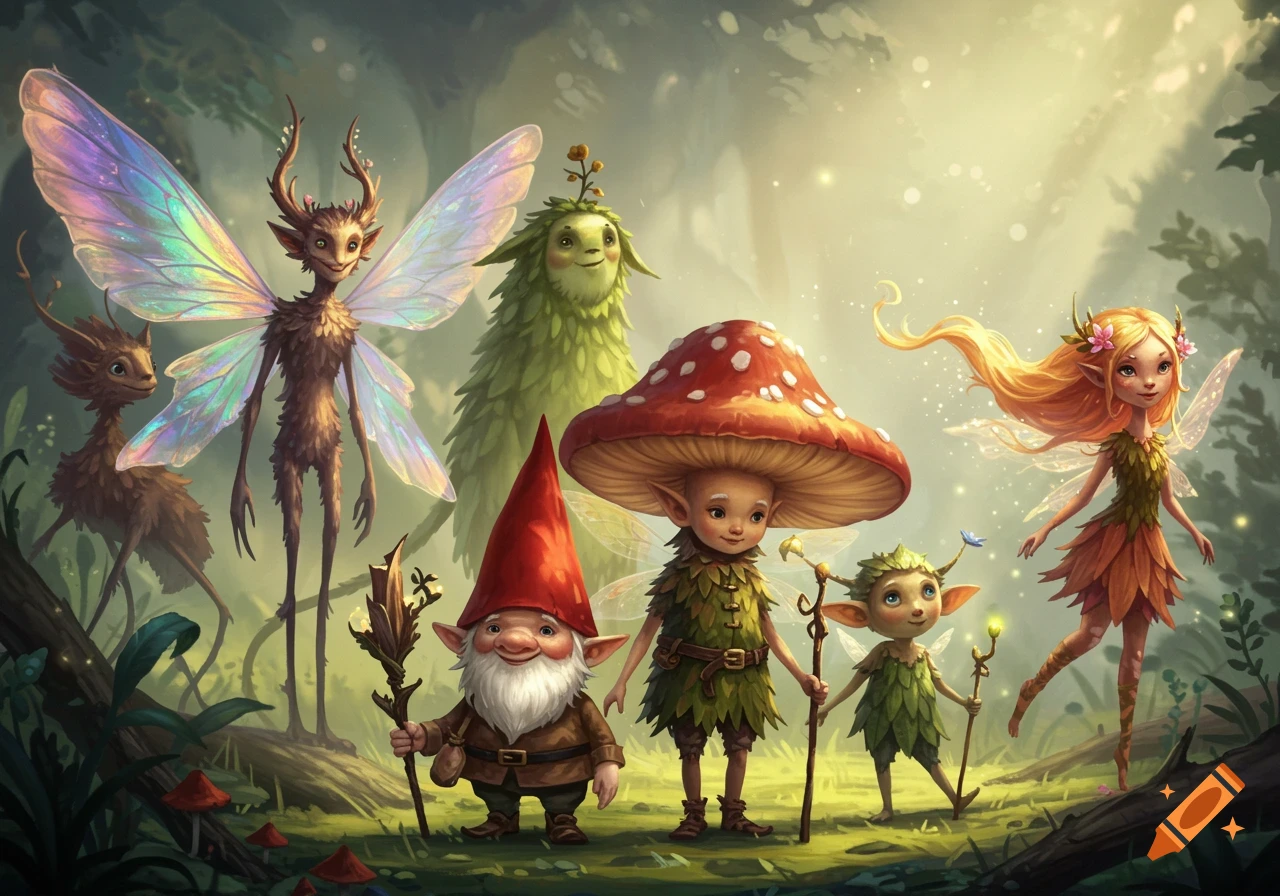 An illustration of fantasy creatures including fairies, a gnome, and a mushroom person standing in a forest.