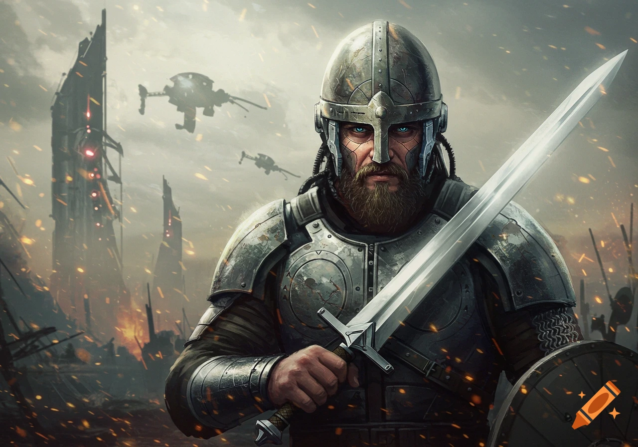 A scifi Anglo-Saxon warrior in armor holds a sword on a futuristic battlefield.