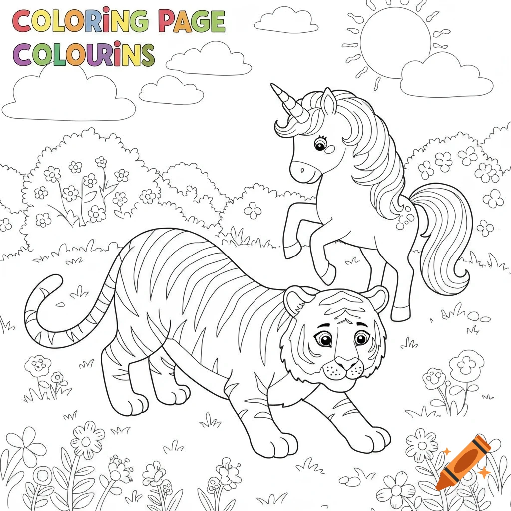 Coloring page of a tiger and a unicorn standing in a field.