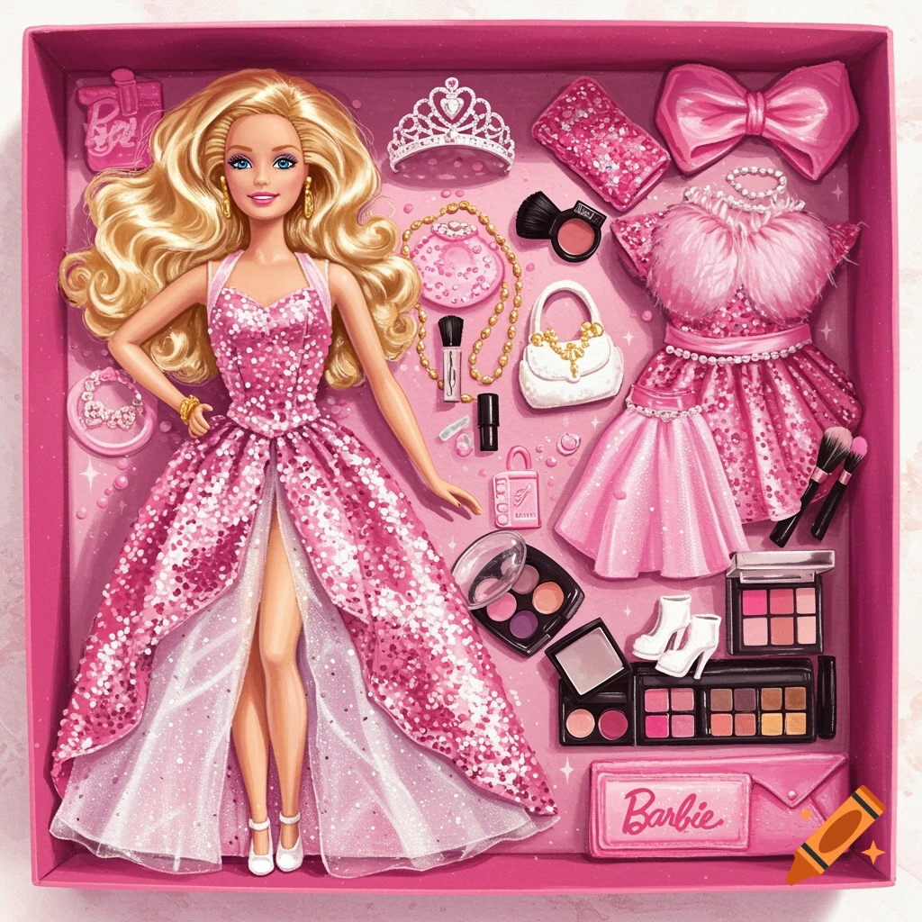 A Barbie doll in a glittery pink dress lies in a pink box surrounded by accessories like a tiara, shoes, makeup, and bags.