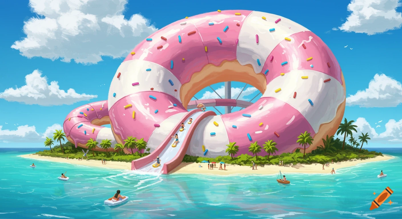 Giant pink and white donut waterslide on a tropical island with people swimming and sliding, cartoon style.