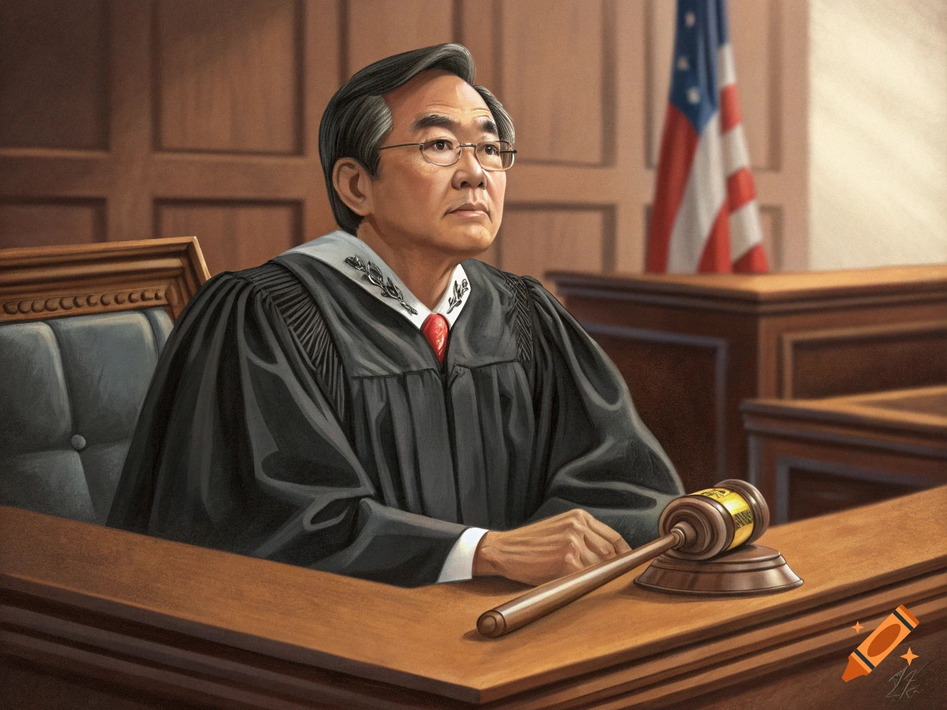 Painted portrait of a judge in a black robe, seated at a courtroom bench with a gavel and US flag.
