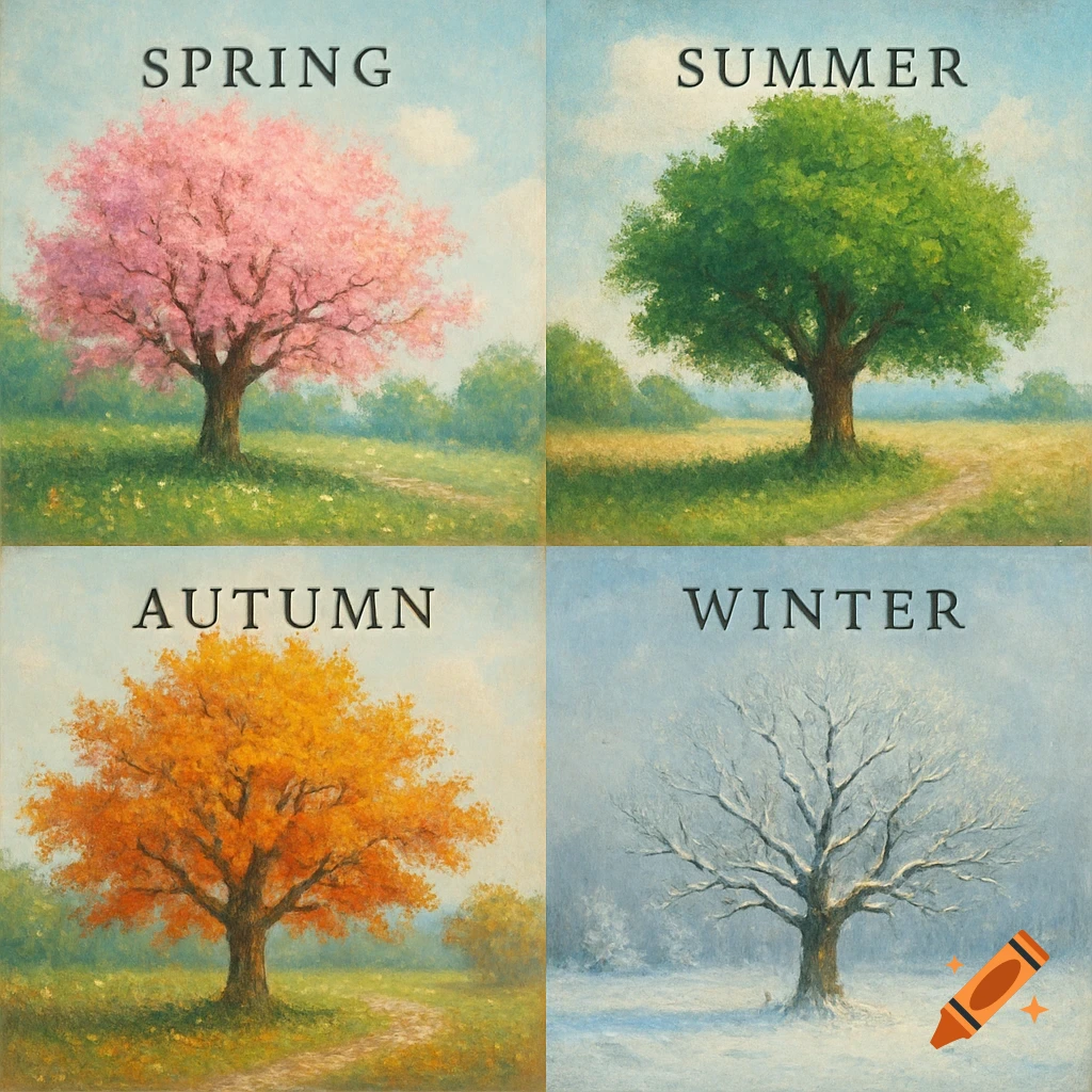 Four panel painting showing a tree in spring (pink blossoms), summer (green leaves), autumn (orange leaves), and winter (bare branches with snow).