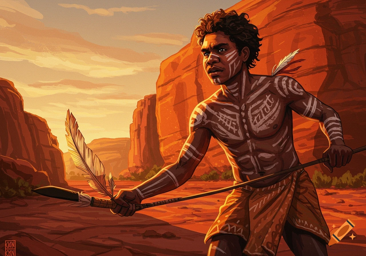 Illustration of an indigenous warrior with body paint holding a spear in a desert canyon.