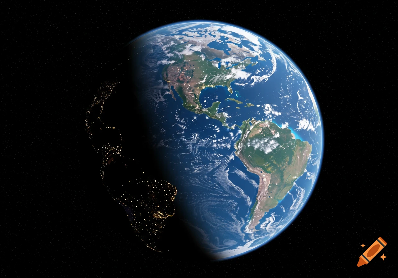Photorealistic view of Earth from space showing day/night line over the Americas, city lights visible on the night side, stars in background.