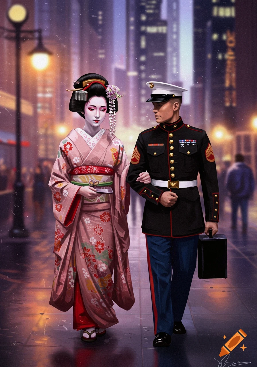 Illustration of a geisha and a US Marine walking arm in arm down a city street at night.