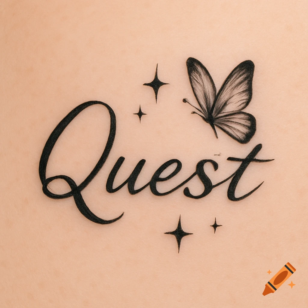A cursive script tattoo says "Quest" with a butterfly and stars on skin.