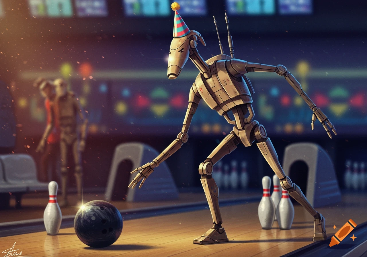 A battle droid wearing a party hat bowls in a lane.