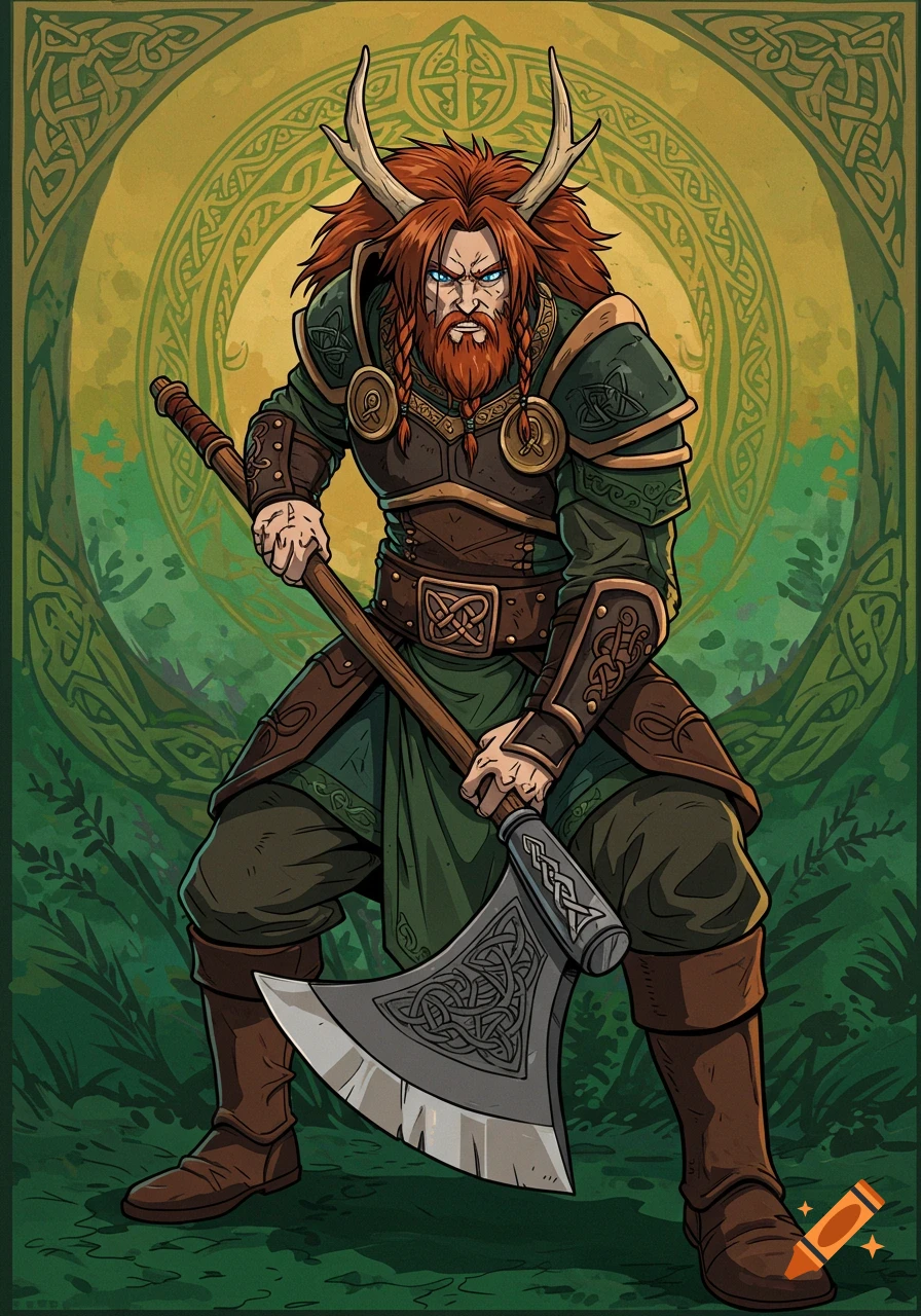 Celtic fantasy warrior with antlers and a large axe, in anime style