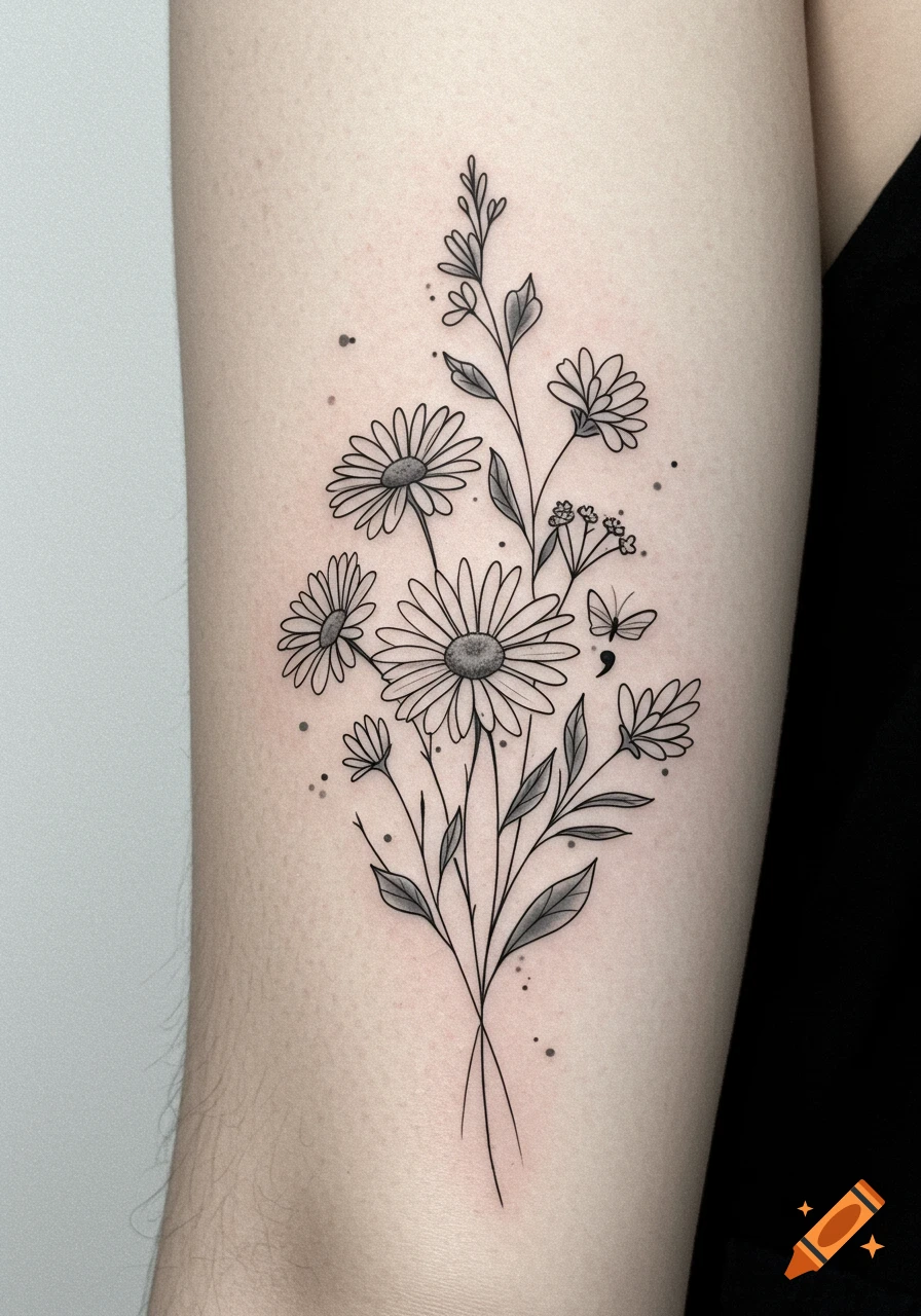 Minimalist black and white flower tattoo on arm with daisies and a semicolon butterfly.