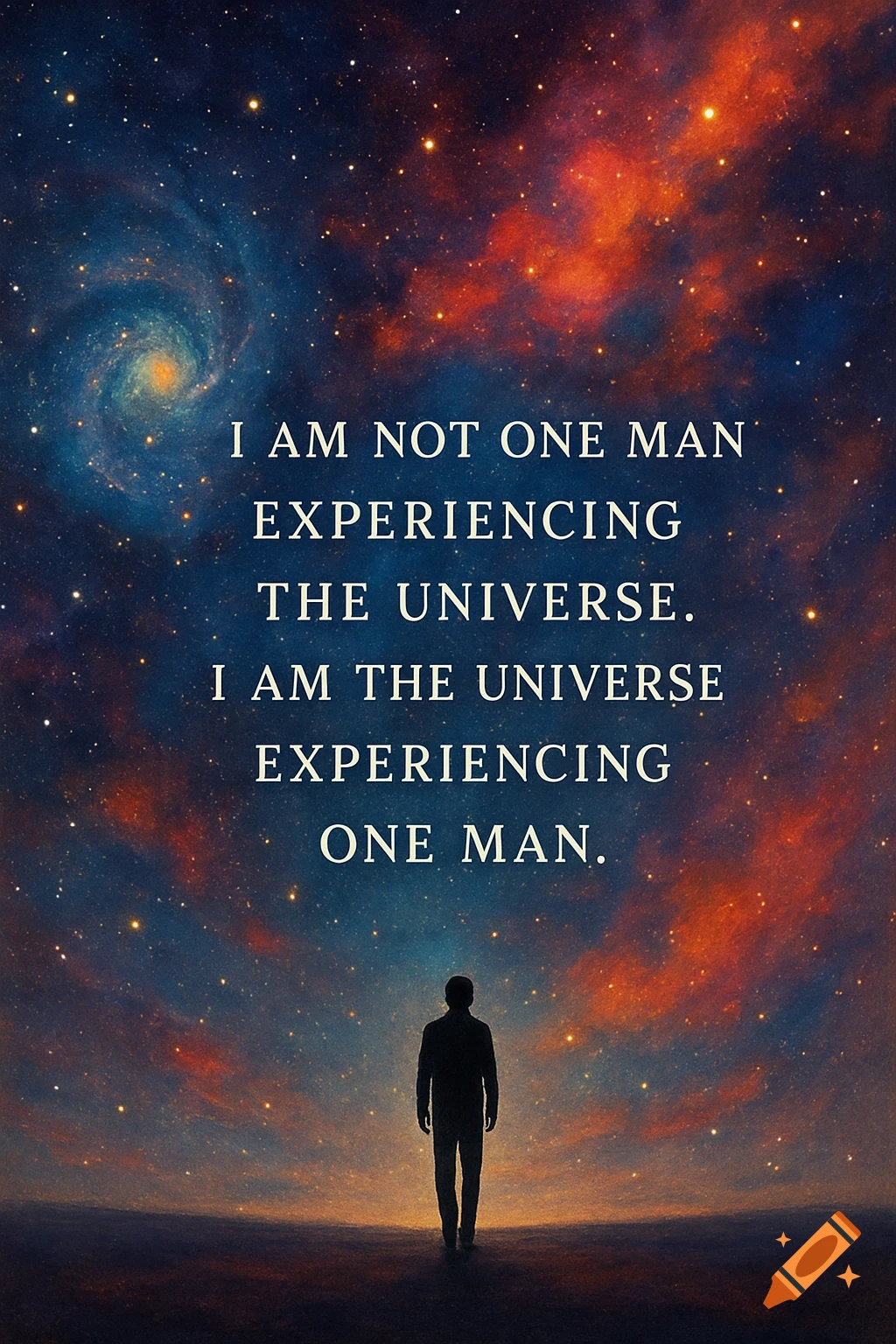 Silhouette of a person standing under a colorful starry galaxy with a quote overlay.