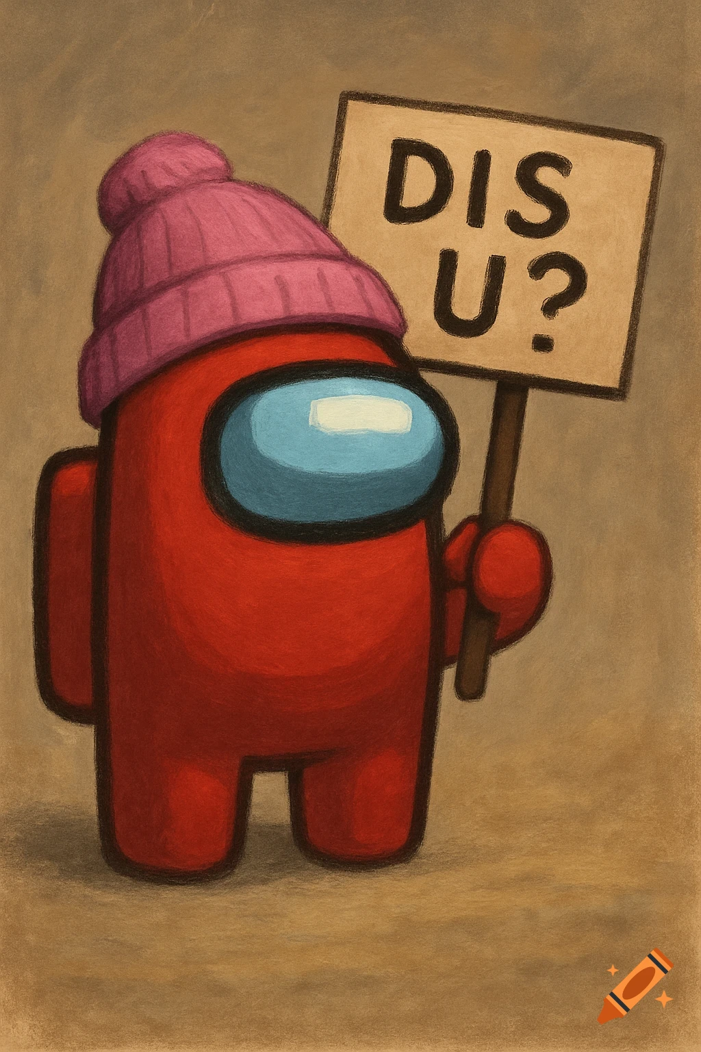 A red Among Us character with a pink beanie holds a sign saying 'DIS U?'. Illustration.