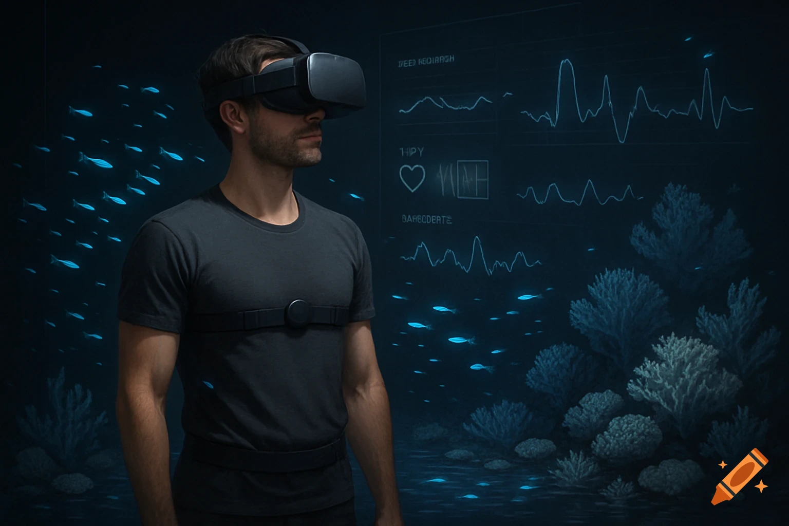 Person wearing VR headset and sensors in a virtual underwater environment with data displays.