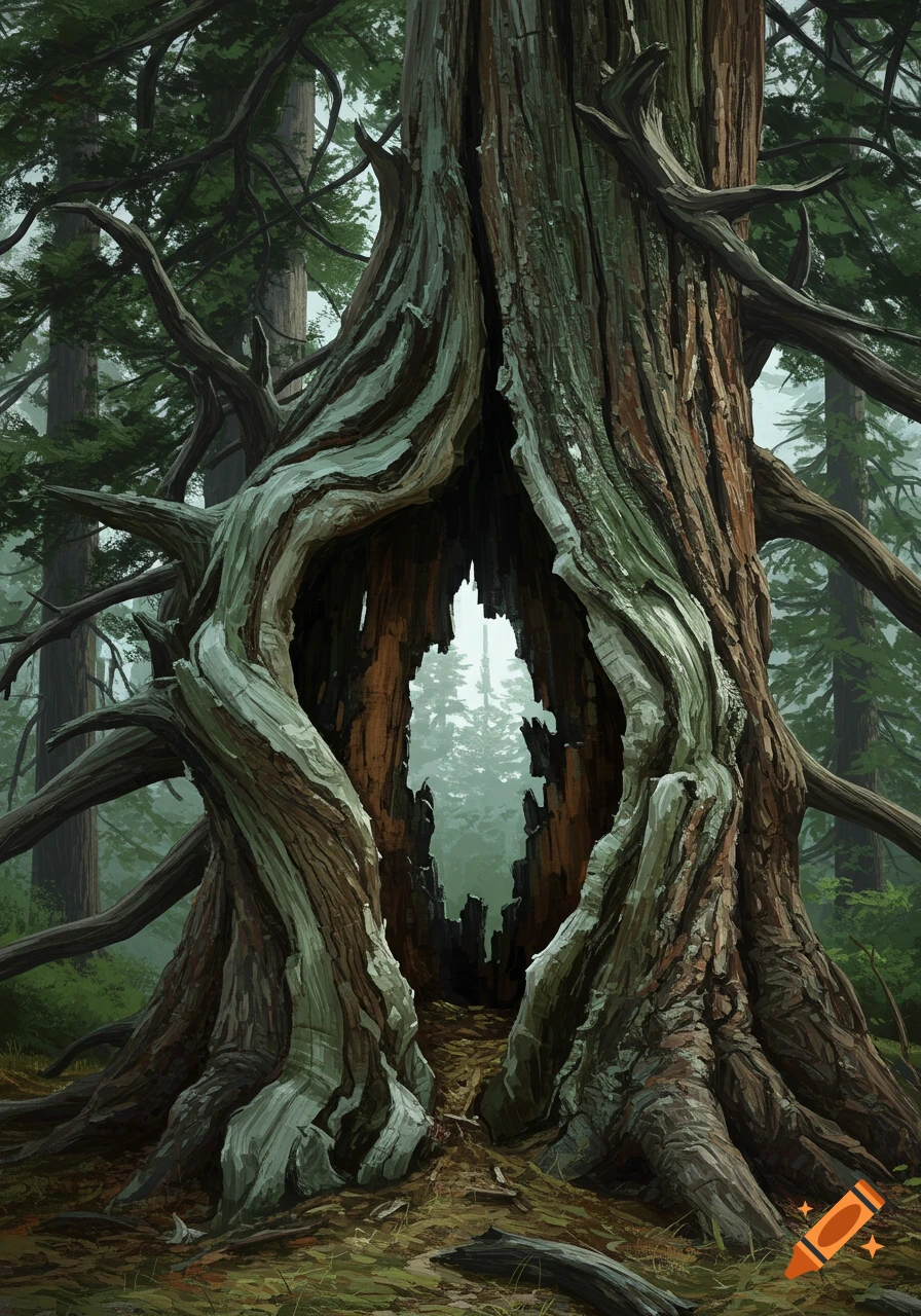 An old, hollow tree trunk in a forest with a view through the opening.