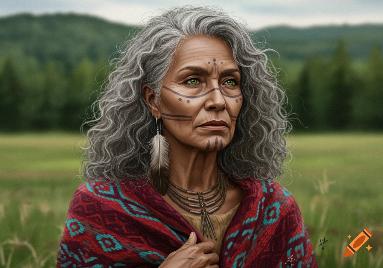 Portrait of an elderly Native American woman with facial markings and green eyes, wearing a patterned shawl, outdoors.