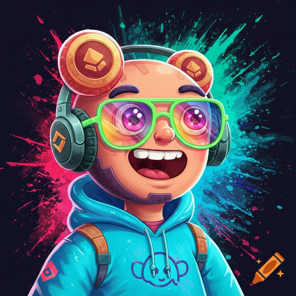 Cartoon avatar with headphones and glasses wearing a blue hoodie against a colorful paint splash background.