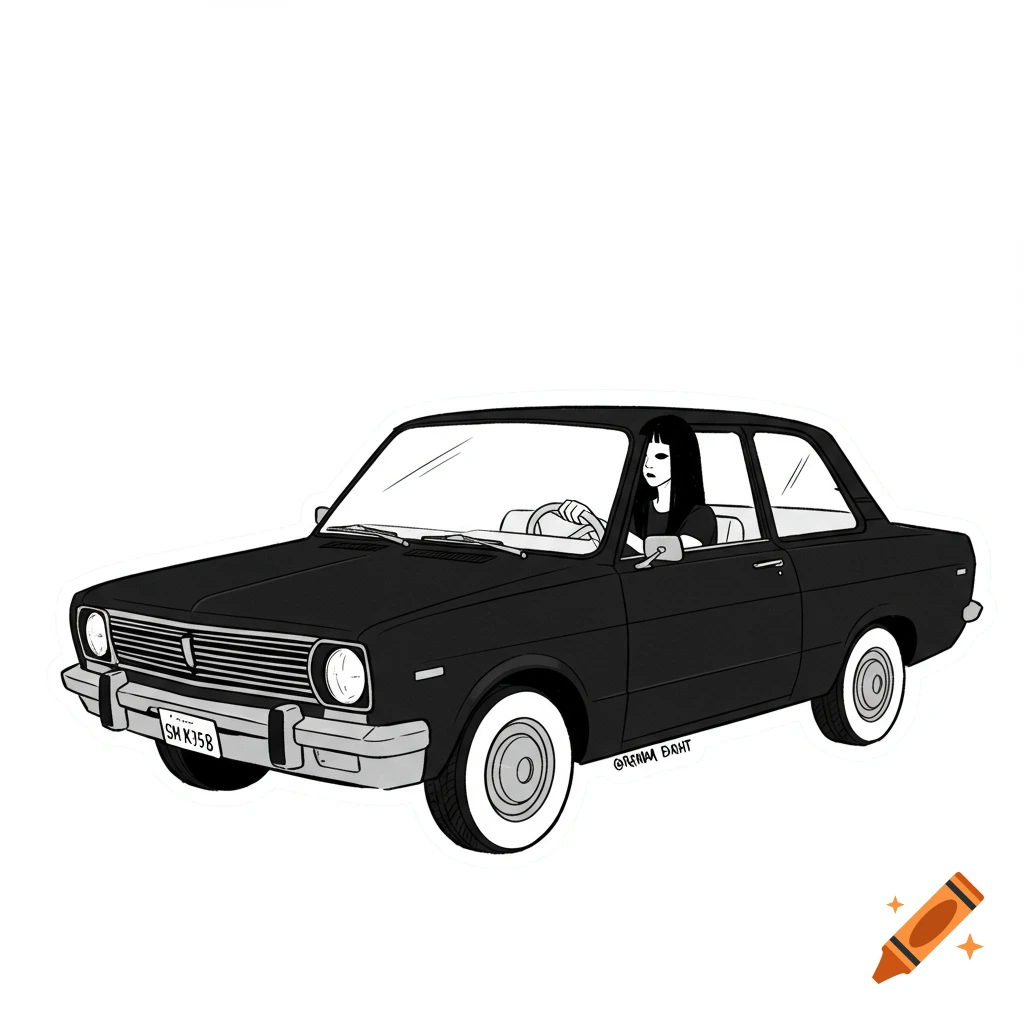 Monochromatic sketch of an eyeless woman driving a black car.