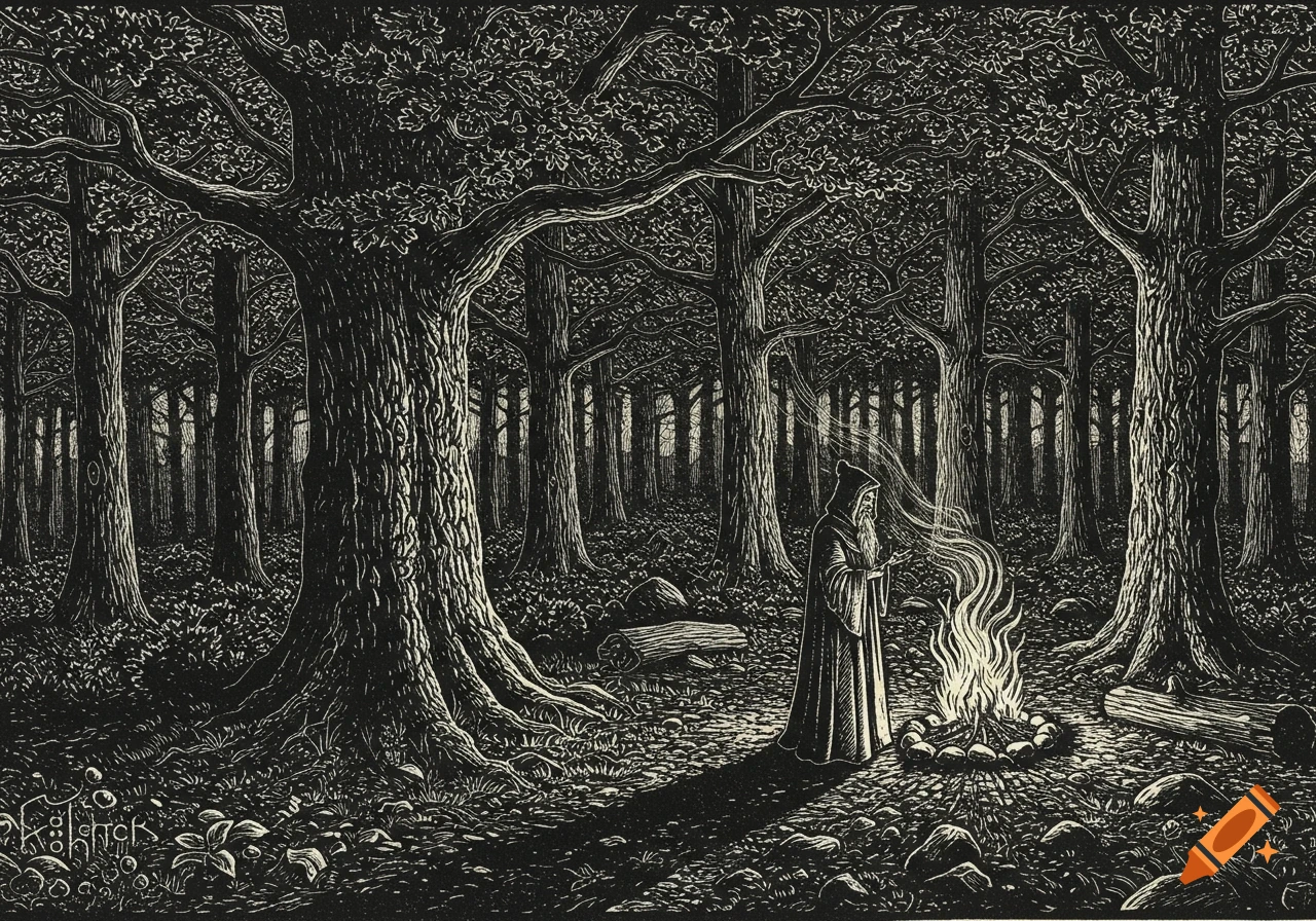 Black and white woodcut of a cloaked sorcerer by a campfire in an oak forest.