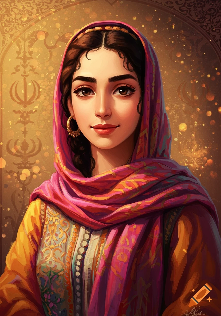 Portrait of a woman in traditional clothing and headscarf against a golden patterned background in a stylized painting.