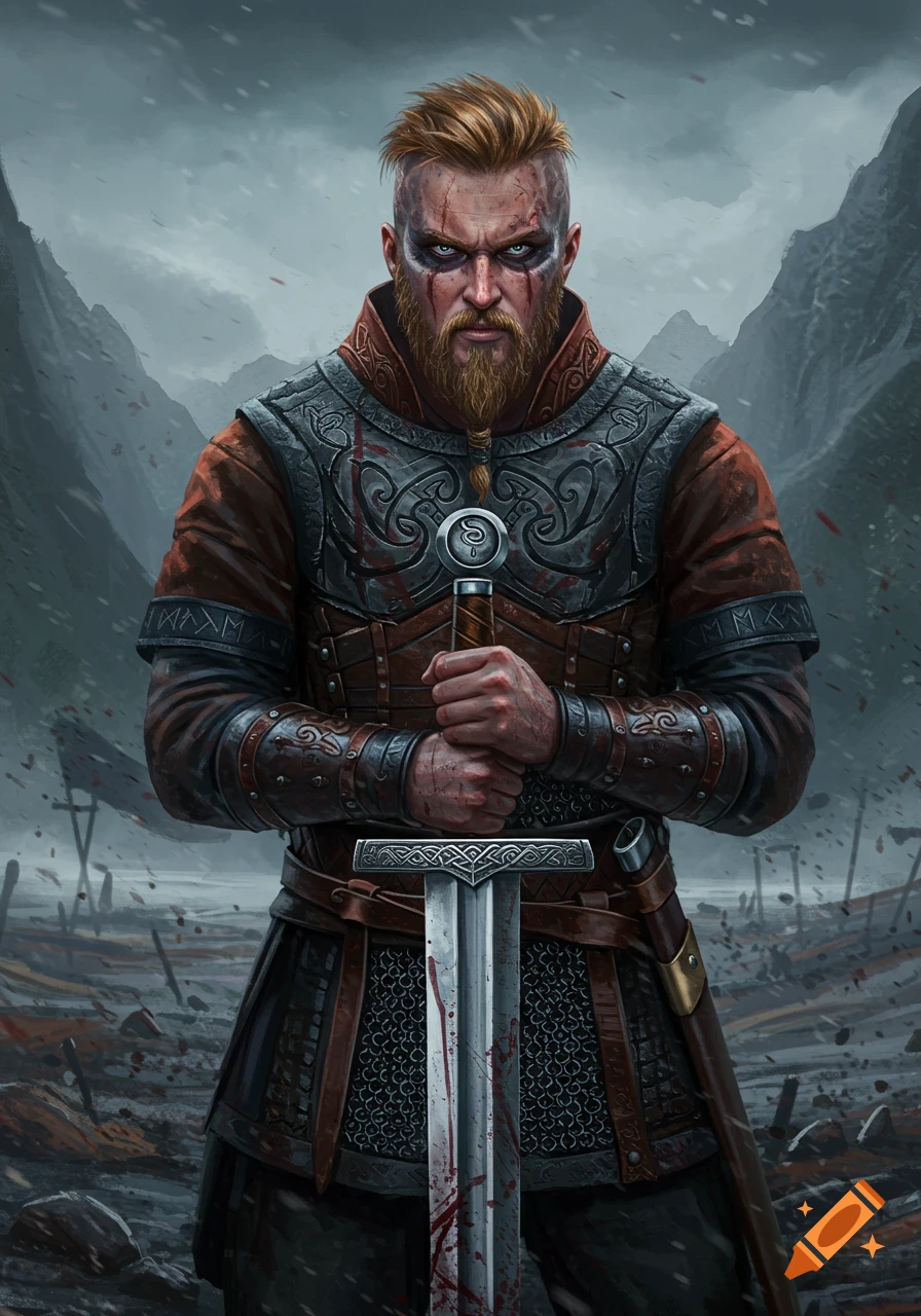 A fierce bearded viking warrior with scars holds a bloodied sword in a stormy, battle-scarred landscape.