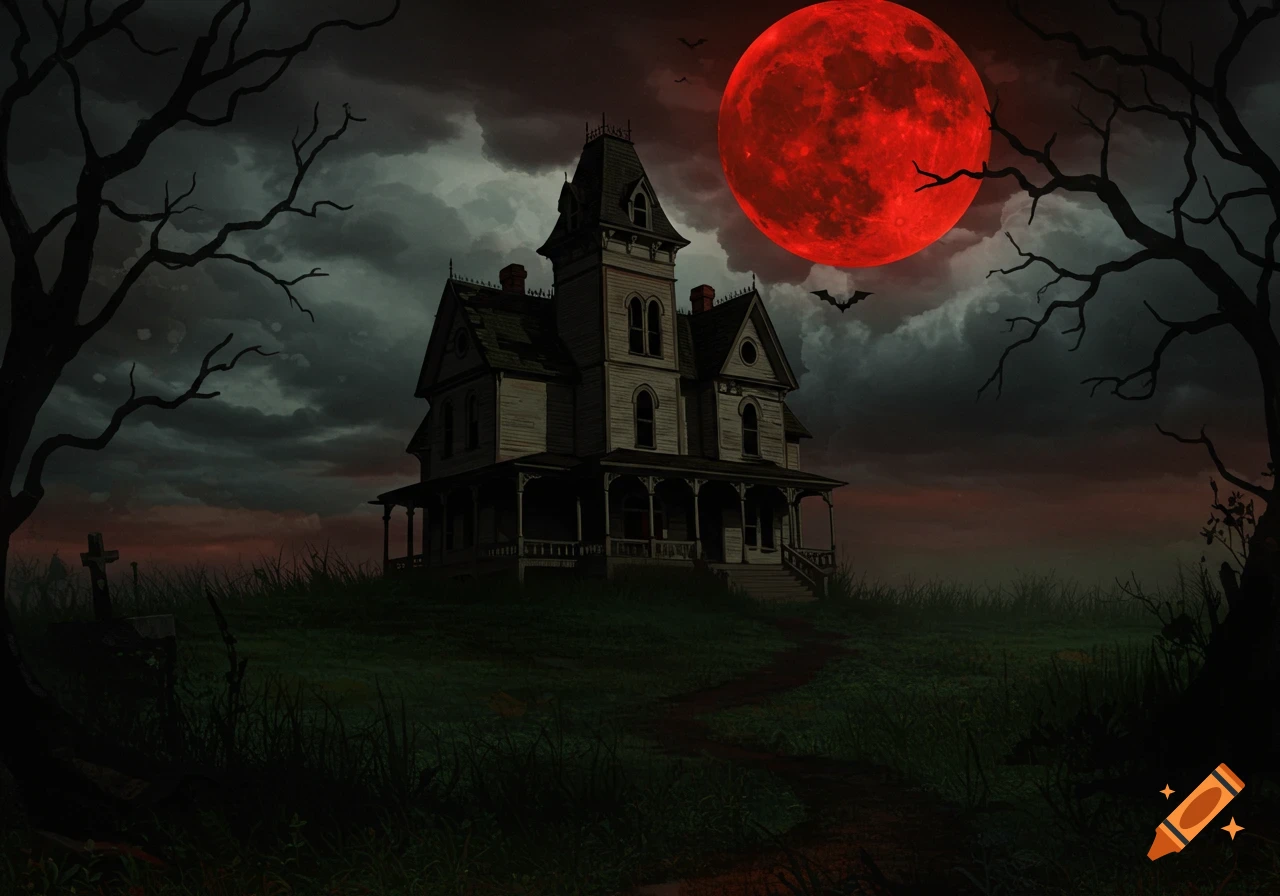 A haunted house stands on a dark hill under a stormy sky with a large red moon and flying bats.