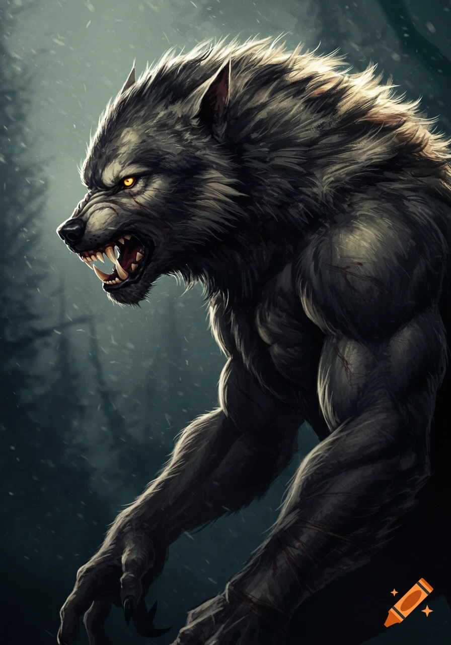 Close-up digital illustration of a snarling werewolf with glowing eyes and claws in a snowy forest