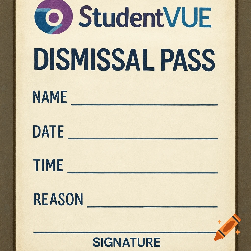 A school dismissal pass form with fields for name, date, time, reason, and signature, labeled 'StudentVUE Dismissal Pass'.