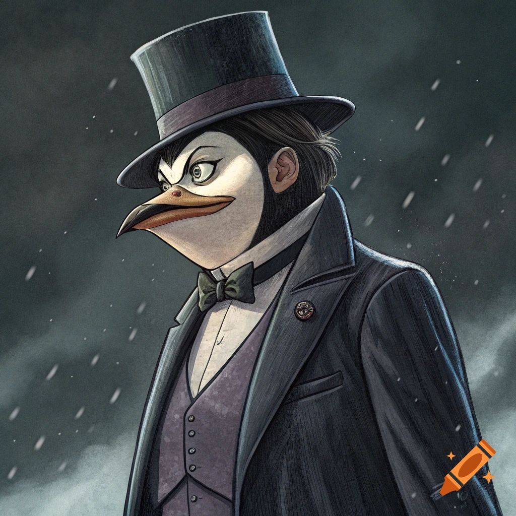 A stylized illustration of a penguin character in a top hat, tuxedo, and bow tie looking to the side in the rain.