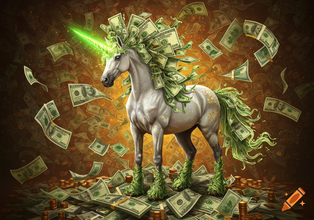 A unicorn made of and surrounded by falling money and coins.